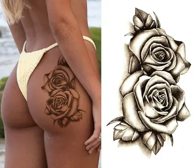£2.89 • Buy Temporary Tattoo Large Black Double Rose Flower Fake Body Art Sticker Waterproof