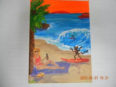 Painting Original Girl And Surfing Monkey On Beach 5 X 7 Inch Acrylic On Canvas • $15