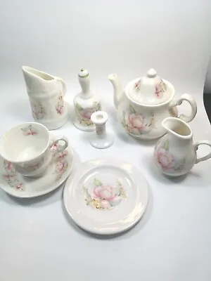 Miniature Tea Pot Cup Saucer And Collectable Items Signed M.W.H. Pink Floral • £4