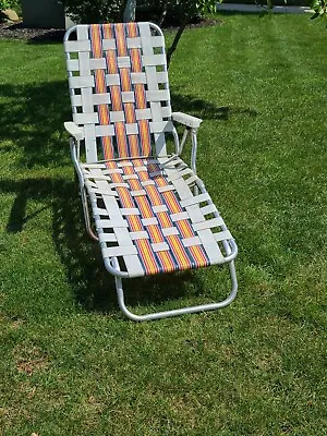 Vintage Aluminum Webbed Chaise Lounge Lawn Chair Orange/Yellow/Blue/White • $59.99