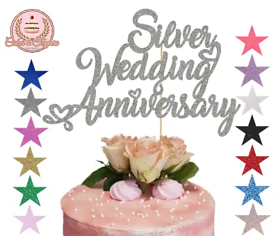 Silver Wedding Anniversary Glitter Cake Topper 25th Wedding Romantic Hearts • £4.49