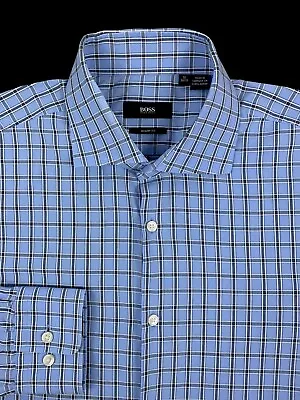 HUGO BOSS Mens Blue Check Button Front Sharp Fit Dress Shirt 16/34-35 • $34.99