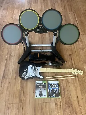 $199.99 • Buy Xbox 360 Rock Band/rock Smith Bundle Wired Drums + Guitar, Mic  W/ Games