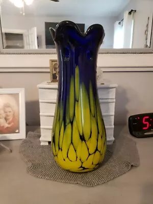 Vintage Makora Poland Hand Blown Vase Blue Green Art Glass 15.5'x7.5' Large  • $220