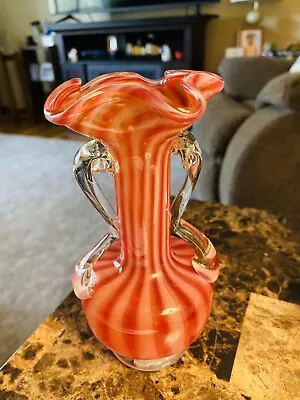 ART GLASS MURANO STYLE VASE RED & WHITE GLASS WITH APPLIED HANDLES 6” Tall • $10