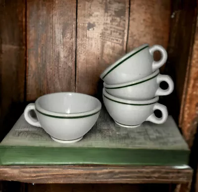 4 Vtg Vitrified Lawrence China Mugs W/Finger Loop Restaurant Ware Green Stripe • $34