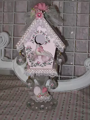 Adorable Shabby Hand Painted Pink Roses Glass Base N Jewels Bird House Accent • $18.99