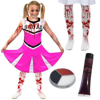Girls Zombie Cheerleader Pink Halloween Fancy Dress Costume Kids Death • £11.99