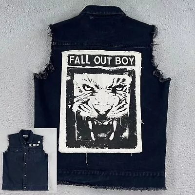 Fall Out Boy Denim Vest MENS Medium Black 2014 Lion Tour Patch Button Up • $28.99