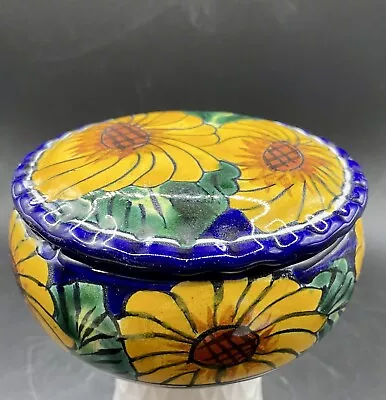 Talavera Pottery Bowl W/ Lid Trinket Dish Sunflowers With Cobalt Blue And Green • $19
