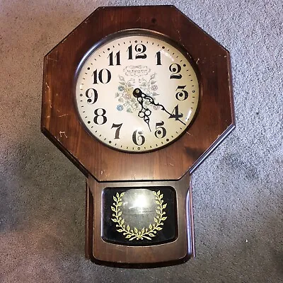 Vintage New England Clock Company Wall Hanging Brown Wooden Flower Music Works! • $69.99