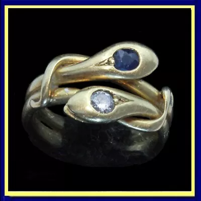 Antique Victorian Double Snake Ring 18k Gold Diamond Sapphire Unisex (7421) • $1750