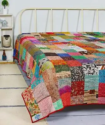 Indian Vintage Silk Handmade Patchwork Kantha Quilt Bedspread Blanket Throw • $88.19