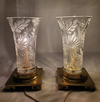Vintage Brass Cut Crystal Table Lamp Pair Greek Key Dresden Signed  • $160