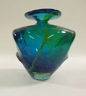 Mdina Blue/Green/Yellow Glass Vase  Pulled Ear  Design Signed To Base • £14.99