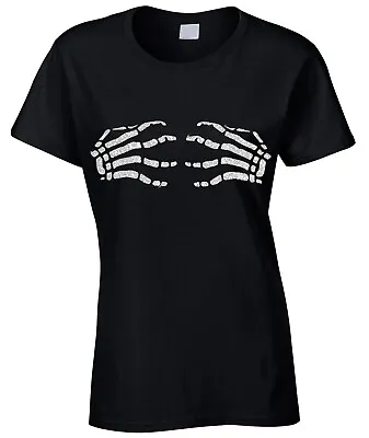 £10.99 • Buy Halloween Glitter Skeleton Hands Sparkly Ladies T Shirt Gothic Fancy Dress