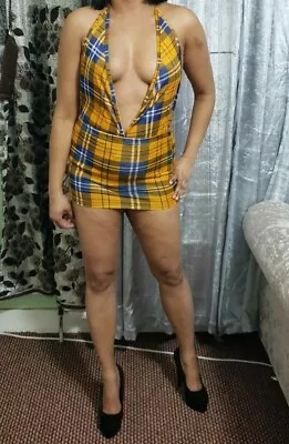 £14.88 • Buy Tartan Yellow Micro Mini Dress Women's Check Deep V-Neck Short Hot Party 