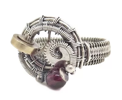 Adjustable Garnet Steampunk Ring In Sterling Silver & Stainless Steel • $64.99