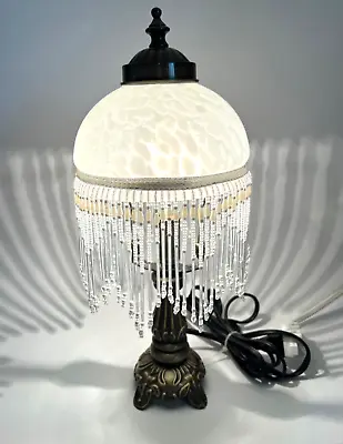 Vintage Frosted Glass Fringe Dome Beaded Shade Bedside Boudoir Accent Lamp • $60