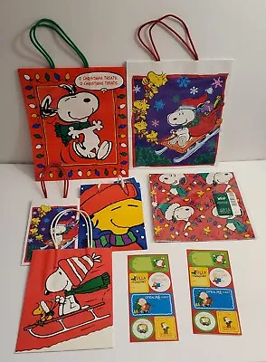 Vintage 8 Piece Lot Peanuts Snoopy Christmas Gift Bags And Wrap -Hallmark + • $22.99