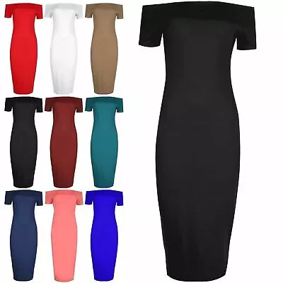 Womens Ladies Off Shoulder Midi Dress Bardot Bodycon Tunic Dresses Uk Sizes 8-26 • £10.99