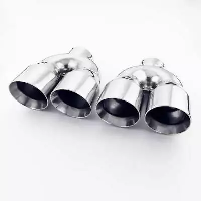 Pair Stainless Steel Exhaust Tips 3  Inlet Quad 4  Out Angle Cut Dual Wall 9  L • $299.16