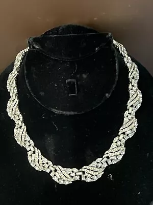 Trifari Vintage Crown Signed Rhoidum Plated Silver Rhinestone Necklace • $85