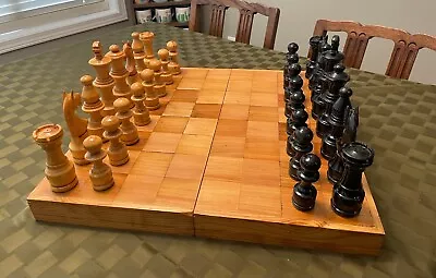 Vintage Set Large Unique Hand Made Wood Chess Pieces & Chess Board 6” Tall King • $74.99