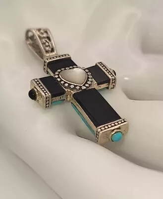 Turquoise & Black Onyx In 925 Sterling Silver Christian CROSS Pendant  ✝️  • $38