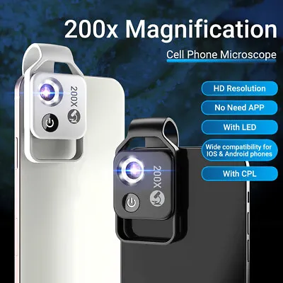 Apexel 200 Magnification Mobile Phone Mini Microscope Lens Clip-on With LED CPL • $17.99