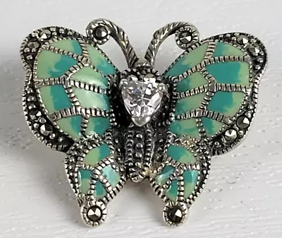 Sterling Silver 925 Marcasite Crystal Enamel Butterfly Pendant 1 Inch Signed MJ • $45.50