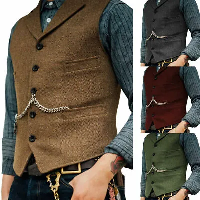 Mens Tweed Lapel Vest Jacket Herringbone Waistcoat Casual Formal Sleeveless Tops • £21.49