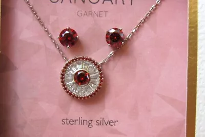 New Sterling Silver Red Garnet & CZ Pendant Necklace W/ Stud Earring Set January • $20