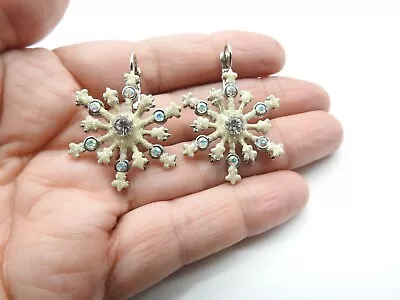 Signed Kirks Folly White Enamel AB Rhinestone Snowflake Pierced Earrings Vintage • $25.57