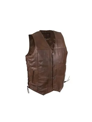 Mens Real Leather Brown Motorcycle Vest Original Genuine Cowhide Leather Vest • $120