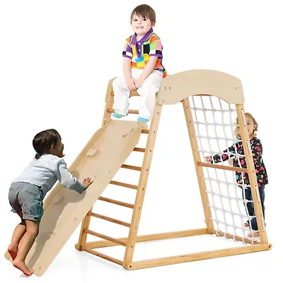 6 In 1 Wooden Climber Playset Double-sided Ramp Monkey Bars Climbing Net Ladder • £94.95