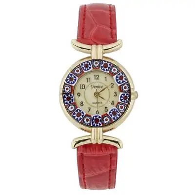 GlassOfVenice Murano Glass Millefiori Watch With Leather Band - Red • $69.95