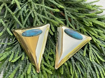 Shiny Gold Triangle Earrings W/Faux Turquoise Vintage 80’s • $12.99