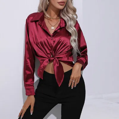Womens Satin Silk Solid Shirt Ladies Casual Baggy Button-up OL Work Blouse Tops • £10.89
