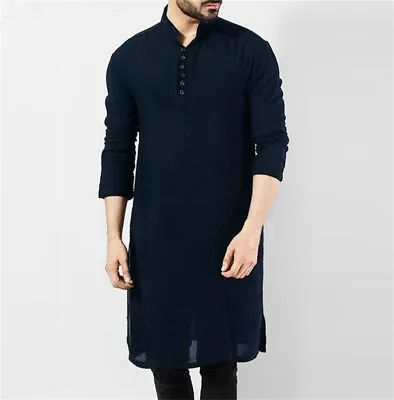 Men's Round Neck Middle Eastern Clothes Long Sleeve Muslim Islamic Cotton Kaftan • $22.48