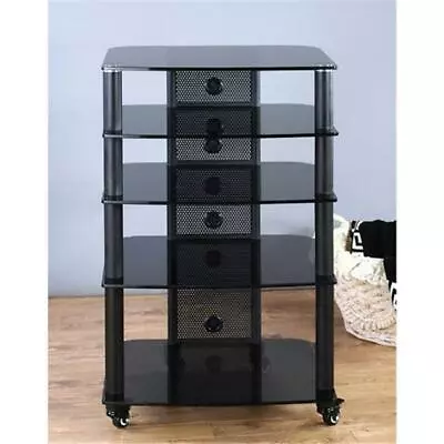 VTI Manufacturing NGR405BB Black Poles 5 Black Glass Shelves AV Stand • $651.27