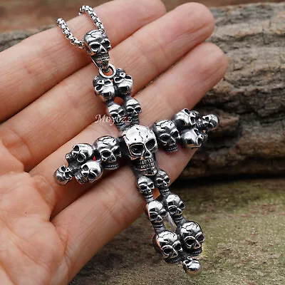 Cool Mens Boys Stainless Steel Biker Punk Skull Cross Bullet Pendant Necklace • $9.99