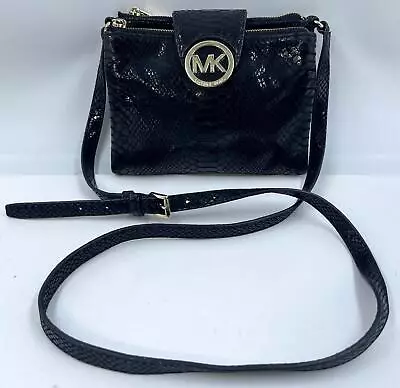 Michael Kors Fulton Women's Python Embossed Black Leather Crossbody Bag • $59.49