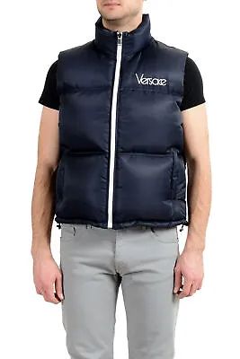 Versace Men's Blue Down Logo Full Zip Sleeveless Parka Vest Sz S M • $599.99