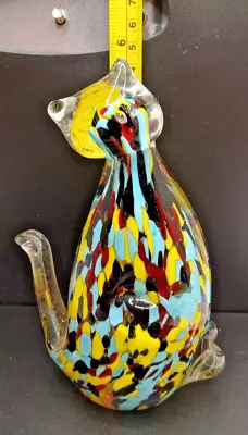 MURANO Style Art  Glass  Confetti  CAT Figurine Paperweight Multi Color 6  Pics • $16