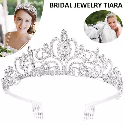 Rhinestone Crown With Comb For Bridal Shining Rhinestone Crown Tiaras Metal♈ • £6.97