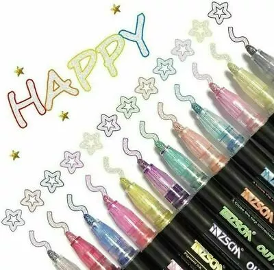 $33.99 • Buy 8/12/16 Colours Writing Drawing Double Line Outline Pen Highlighter Markers Gift