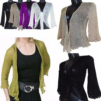 £9.99 • Buy Ladies Glitter Or Plain Knit Tie Bolero Crochet Net Shrug Bali Top Cardigan 8-18
