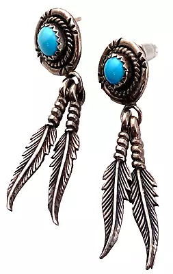 Vintage Sterling Silver Turquoise Feather Drop Earrings Old Pawn  003-052 • $9.99