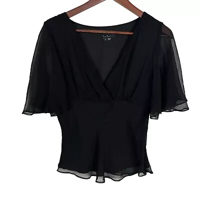 ECI New York Black Semi-Sheer Short Sleeve Blouse Women's Small V-Neck • $24.99
